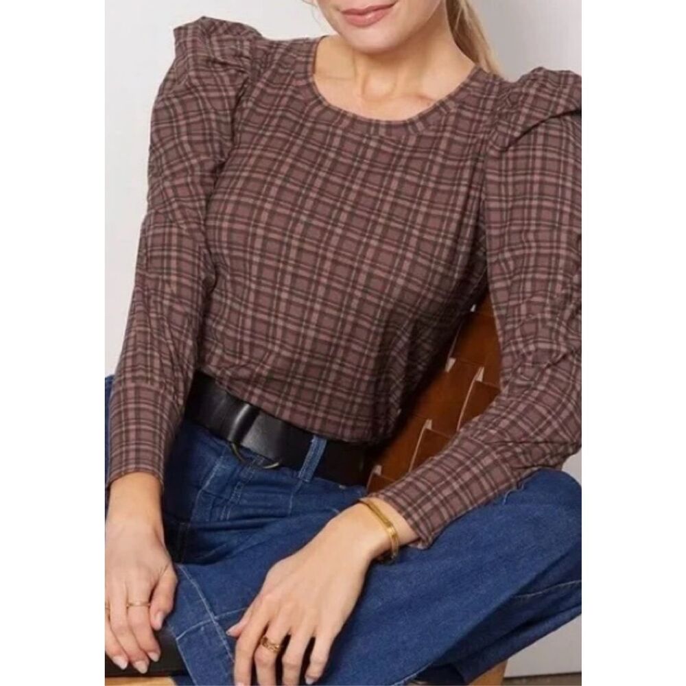 Nation LTD Romy Tartan‎ Plaid Long Sleeve Top XS Brown